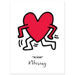 Pop art–inspired illustration of a red heart with legs and arms in motion on a white background.
