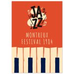 Vintage Montreux Jazz Festival 1984 poster with bold “JAZZ” lettering, musical notes, and stylized piano keys on an orange background.
