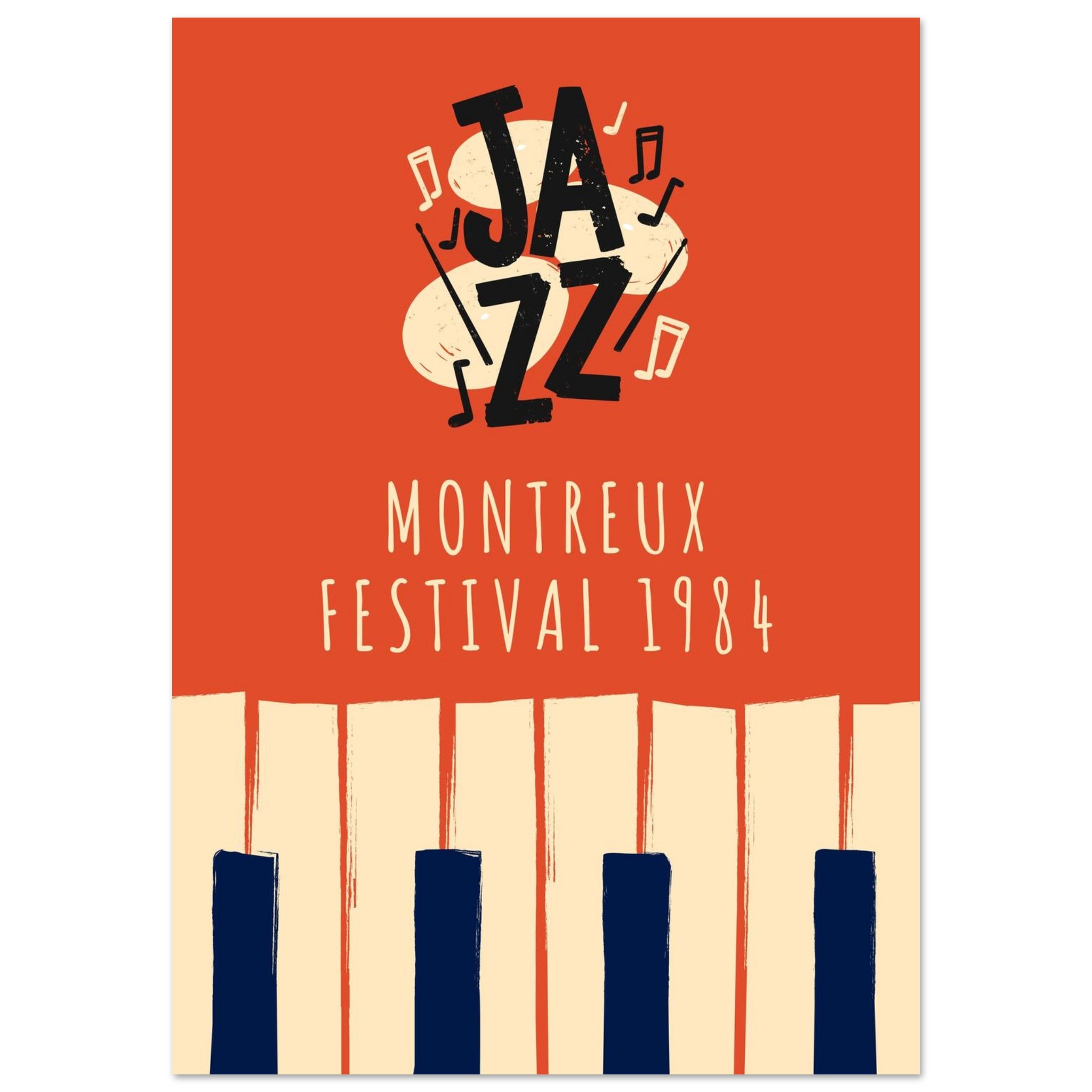 Vintage Montreux Jazz Festival 1984 Poster | Retro Jazz Wall Art Print Vintage Montreux Jazz Festival 1984 poster with bold “JAZZ” lettering, musical notes, and stylized piano keys on an orange background.