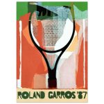 Vintage Roland Garros 1987 poster featuring an abstract tennis racket illustration with textured colors and retro design.