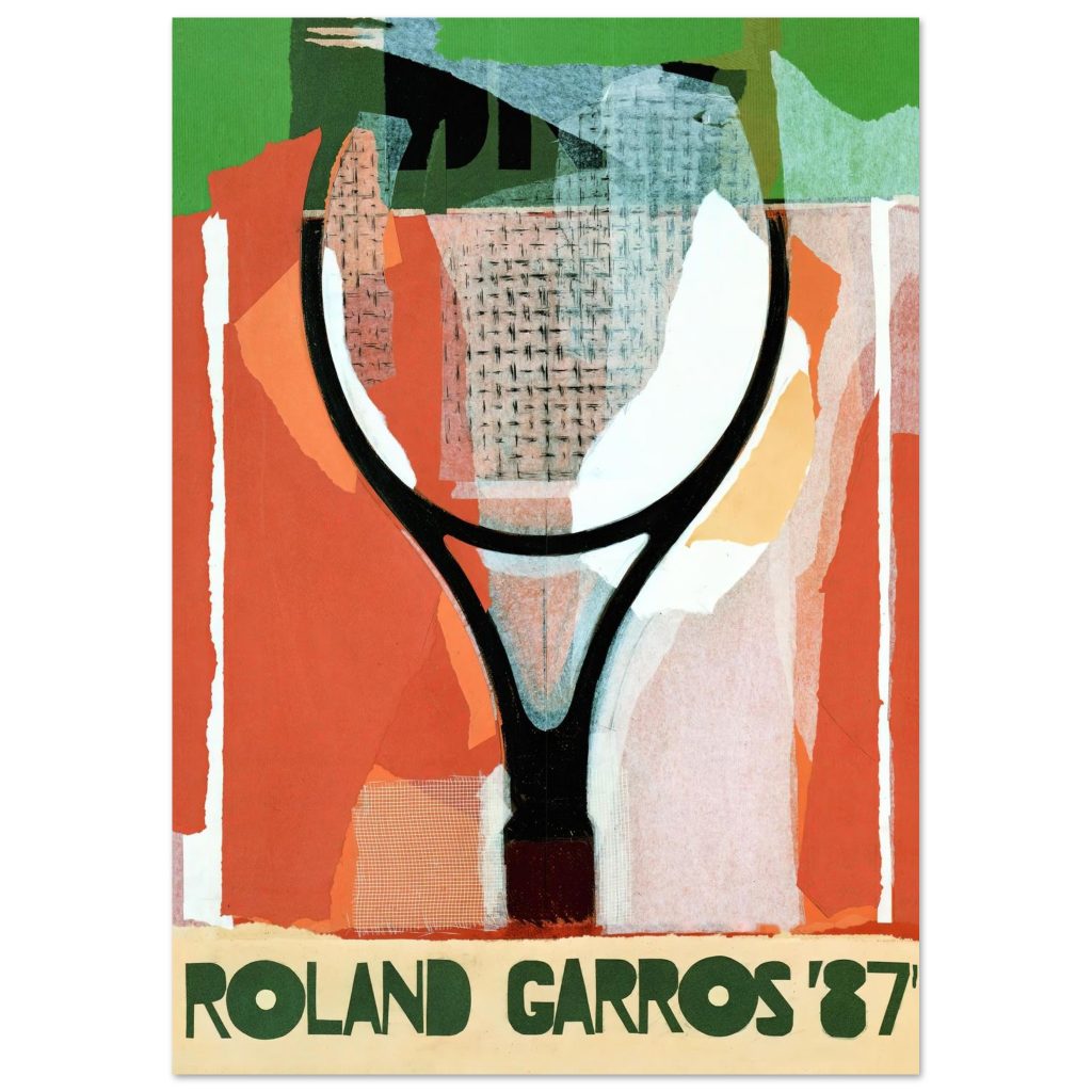Roland Garros 1987 Vintage Poster | Retro Tennis Wall Art Vintage Roland Garros 1987 poster featuring an abstract tennis racket illustration with textured colors and retro design.