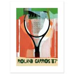 Vintage Roland Garros 1987 poster featuring an abstract tennis racket illustration with textured colors and retro design.