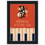 Vintage Montreux Jazz Festival 1984 poster with bold “JAZZ” lettering, musical notes, and stylized piano keys on an orange background.