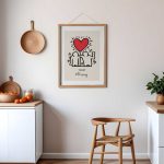 Minimalist line art poster showing two figures standing together under a red heart, titled “The Heart” in K. Haring style.