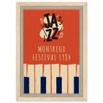 Vintage Montreux Jazz Festival 1984 poster with bold “JAZZ” lettering, musical notes, and stylized piano keys on an orange background.