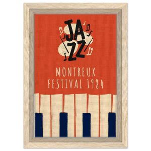 Vintage Montreux Jazz Festival 1984 poster with bold “JAZZ” lettering, musical notes, and stylized piano keys on an orange background.