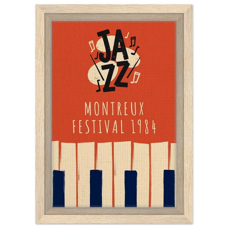 Vintage Montreux Jazz Festival 1984 poster with bold “JAZZ” lettering, musical notes, and stylized piano keys on an orange background.