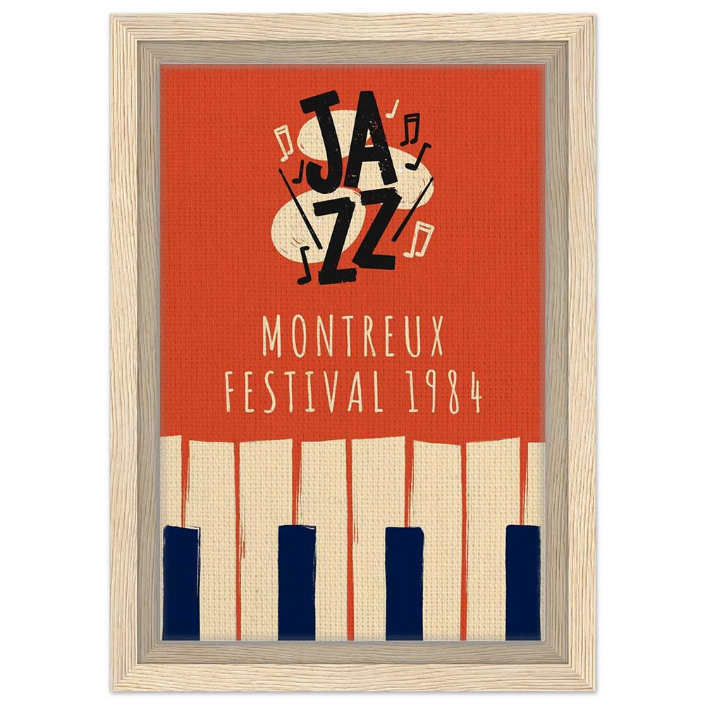 Vintage Montreux Jazz Festival 1984 Poster | Retro Jazz Wall Art Print Vintage Montreux Jazz Festival 1984 poster with bold “JAZZ” lettering, musical notes, and stylized piano keys on an orange background.