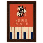 Vintage Montreux Jazz Festival 1984 poster with bold “JAZZ” lettering, musical notes, and stylized piano keys on an orange background.