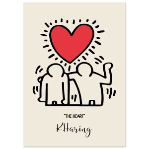 Minimalist line art poster showing two figures standing together under a red heart, titled “The Heart” in K. Haring style.