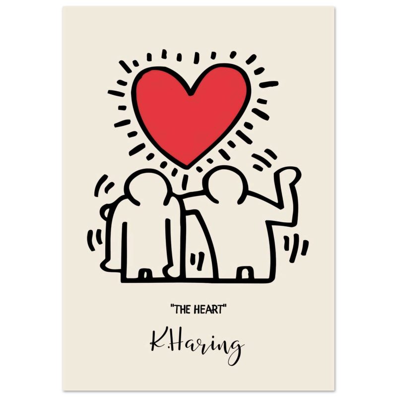 Minimalist line art poster showing two figures standing together under a red heart, titled “The Heart” in K. Haring style.