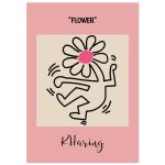 Pop art–inspired poster showing a dancing figure with a flower head on a pink background, titled “Flower.”