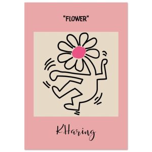 Pop art–inspired poster showing a dancing figure with a flower head on a pink background, titled “Flower.”
