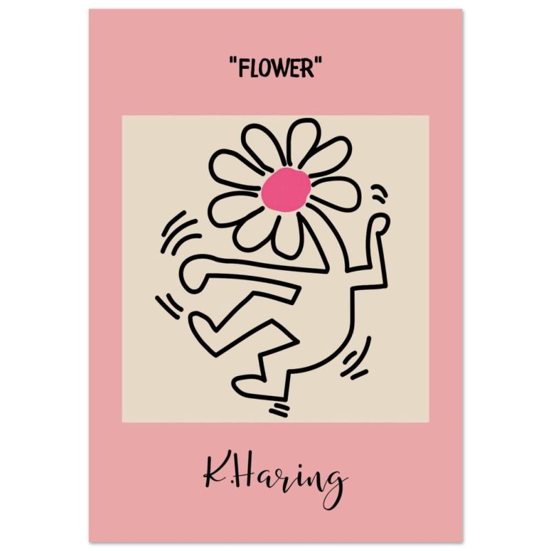 Pop art–inspired poster showing a dancing figure with a flower head on a pink background, titled “Flower.”