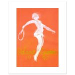 Official 1990 Roland Garros poster by John Christoforou showing a white, abstract tennis player on an orange background.
