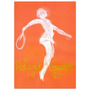 Official 1990 Roland Garros poster by John Christoforou showing a white, abstract tennis player on an orange background.