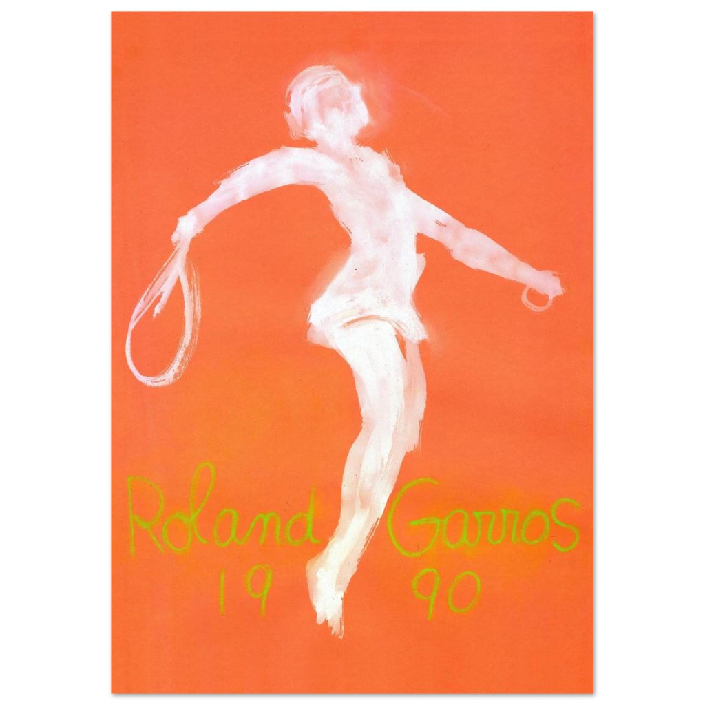 Official Roland Garros 1990 Poster - John Christoforou Tennis Art Official 1990 Roland Garros poster by John Christoforou showing a white, abstract tennis player on an orange background.